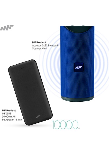 Acoustic 0123 Bluetooth Hoparlör Mavi + 0653 10000 Mah Powerbank - Siyah