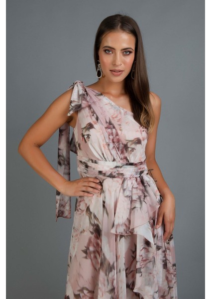 Pudra Empirme Tek Kol Yırtmaçlı Uzun Abiye Elbise fiyatları