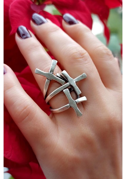 Antik Gümüş Kaplama Haç Şekilli El Yapımı Ayarlanabilir Yüzük