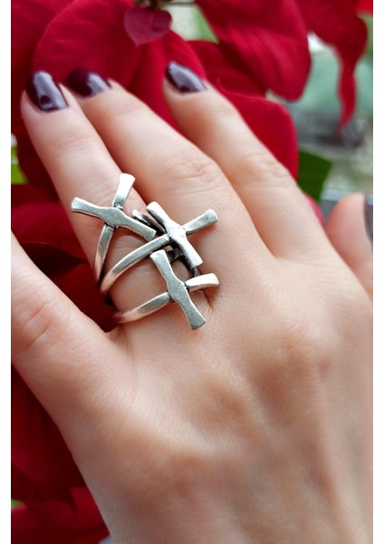 Antik Gümüş Kaplama Haç Şekilli El Yapımı Ayarlanabilir Yüzük fiyatları