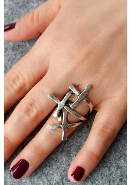 Antik Gümüş Kaplama Haç Şekilli El Yapımı Ayarlanabilir Yüzük modelleri