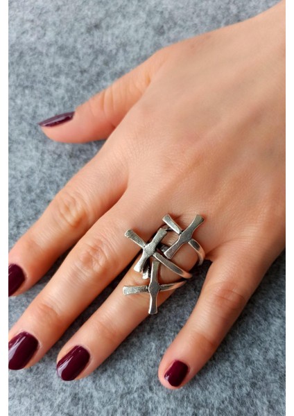 Antik Gümüş Kaplama Haç Şekilli El Yapımı Ayarlanabilir Yüzük fırsatları