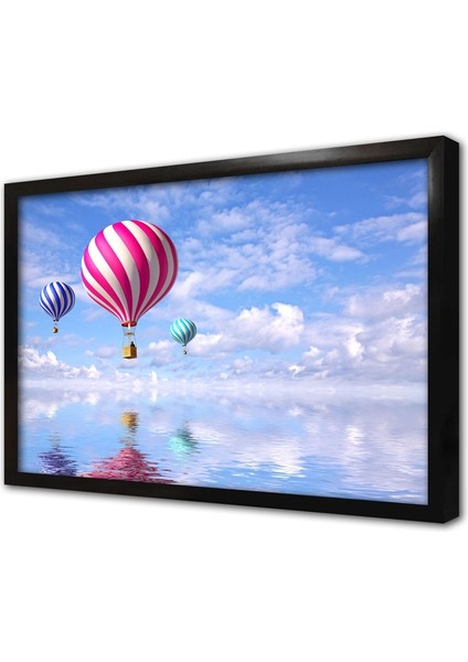 Gökyüzünde Renkli Balonlar Çerçeveli Cam Tablo