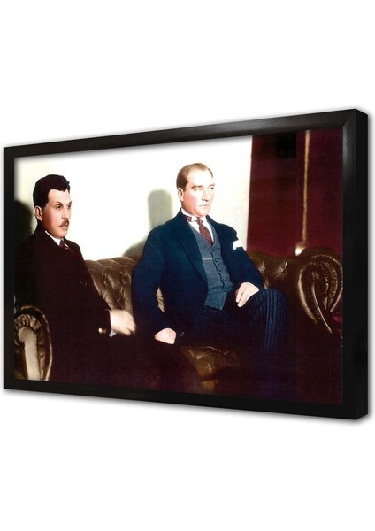 Atatürk Misafiriyle Otururken Çerçeveli Cam Tablo