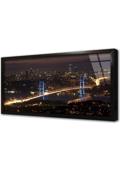 Gece Boğaziçi Köprüsü Çerçeveli Cam Tablo