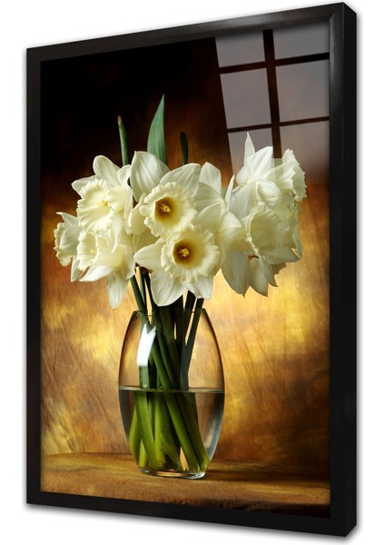 Vazoda Beyaz Çiçeklerin Dansı Çerçeveli Cam Tablo