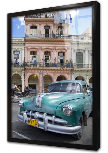 Kübada Yeşil Klasik Araba Çerçeveli Cam Tablo