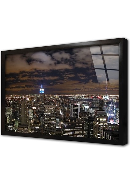 New York Gece Çerçeveli Cam Tablo