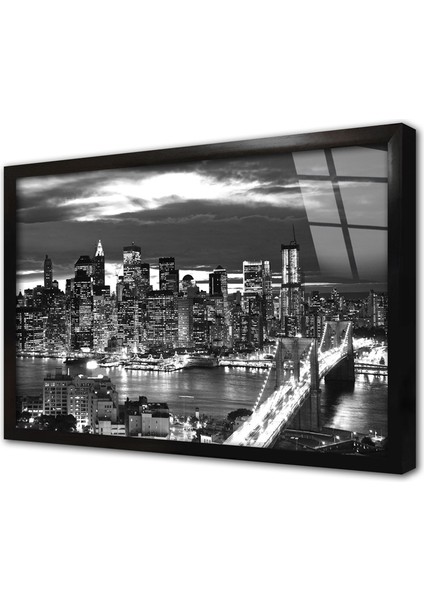 New York Gece Çerçeveli Cam Tablo