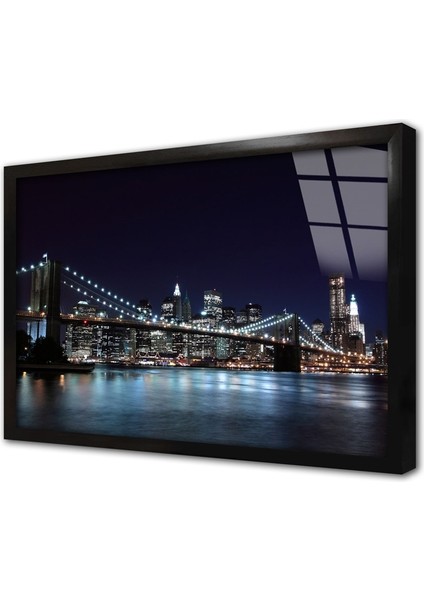New York Gece Çerçeveli Cam Tablo