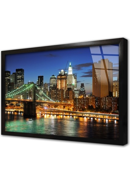 New York Gece Çerçeveli Cam Tablo