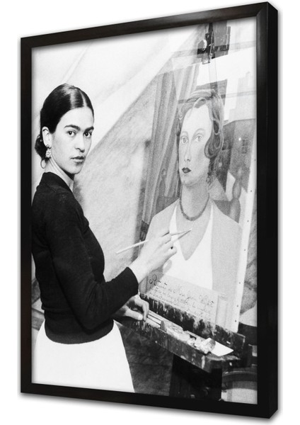 Siyah Beyaz Frida Kahlo Çerçeveli Cam Tablo