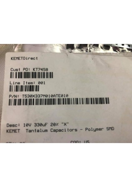 10V 330UF Tantalum-Polymer Kapasitör T530X337M010ATE010 18 Adet