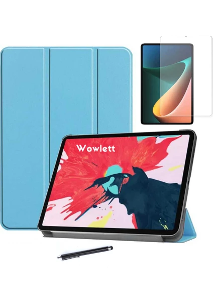 wowacs Xiaomi Mi Pad 5 3'lü Set Smart Uyku Modlu Mıknatıslı Tablet Kılıfı + Temperli Ekran Koruyucu + Kalem Mavi