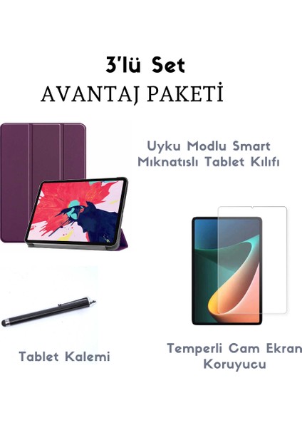 Xiaomi Mi Pad 5 3'lü Set Smart Uyku Modlu Mıknatıslı Tablet Kılıfı + Temperli Ekran Koruyucu + Kalem Mavi