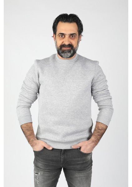 Erkek Sıfır Yaka Ribanalı 3 Iplik Sweatshirt Gri