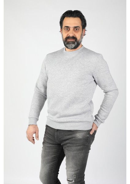 Erkek Sıfır Yaka Ribanalı 3 Iplik Sweatshirt Gri fırsatları