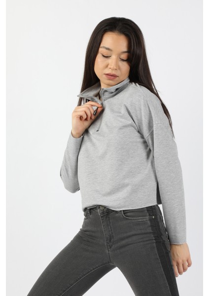 Kadın Yarım Balıkçı Düşük Kol 2 Iplik Sweatshirt Gri modelleri