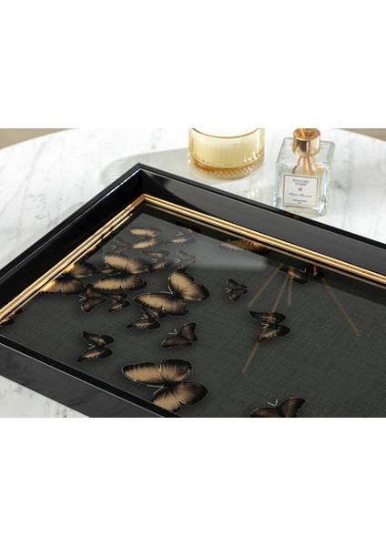 English Home Butterfly Goldie Dekoratif Tepsı 31X46 cm Siyah-Gold