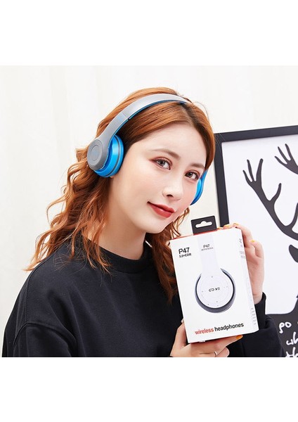 P47 Kablosuz Bluetooth Kafa Üstü Kulaklık Mavi (Yurt Dışından)