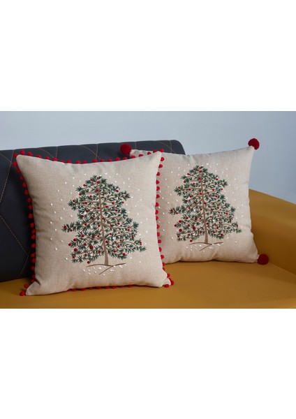 Yılbaşı Nakışlı Bej Fırfırlı Kırlent Kılıfı (özel Seri)