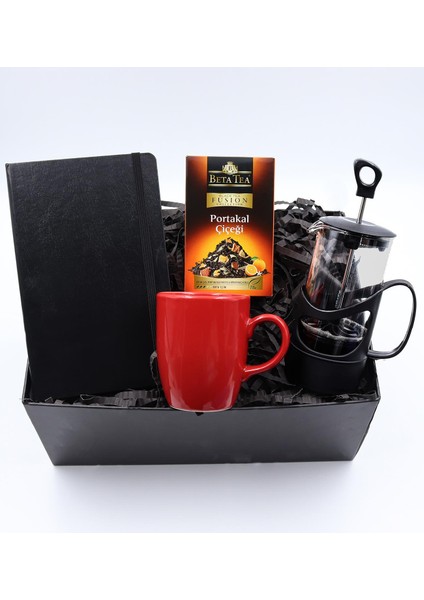 Beta Tea Portakal Çiçeği Bitki Çayı & Siyah Defter & Kırmızı Kupa & Siyah French Press Hediye Seti