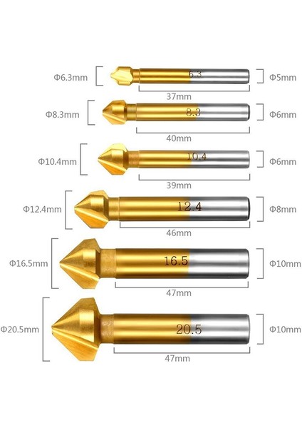 6.3-20.5mm 6 Adet Titanyum Yuvarlak Şaft 3 Flüt 90 Derece Hss Pah Pah Kırma Kesici End Mill Aracı Havşa Matkap Ucu Seti (Yurt Dışından)