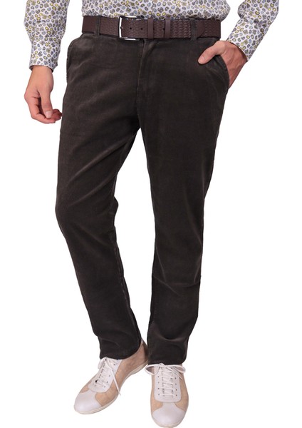 Kadife Haki Erkek Regular Fit Yandan Cepli Pantolon