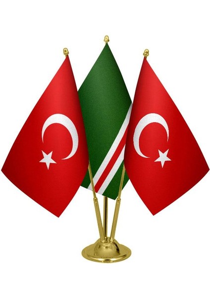 Masaüstü Içkerya Çeçen Bayrağı Türk Bayrağı Üçlü Pirinç Direk Masa Bayrak Seti
