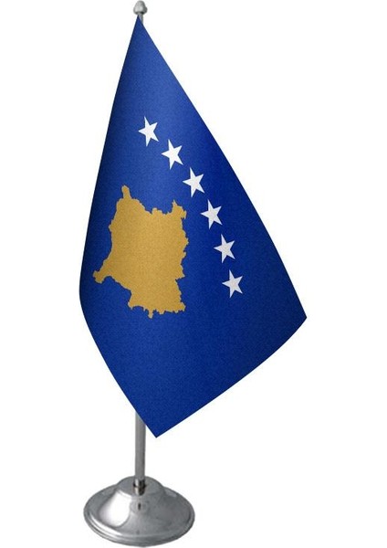 Masaüstü Kosova Bayrağı Krom Direk Masa Bayrak Seti