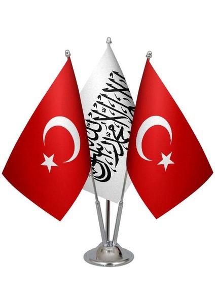 Masaüstü Afganistan Bayrağı Türk Bayrağı Üçlü Krom Direk Masa Bayrak Seti