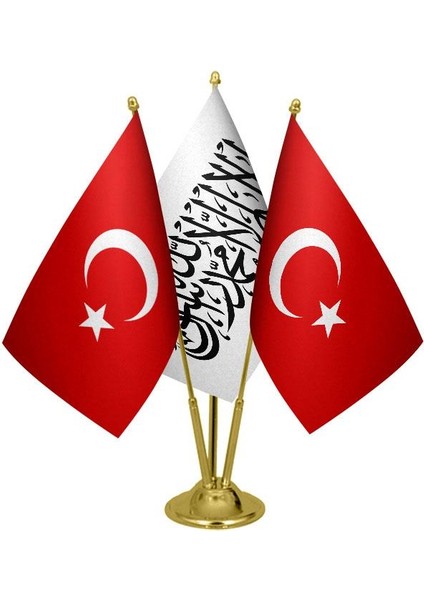 Masaüstü Afganistan Bayrağı Türk Bayrağı Üçlü Pirinç Direk Masa Bayrak Seti