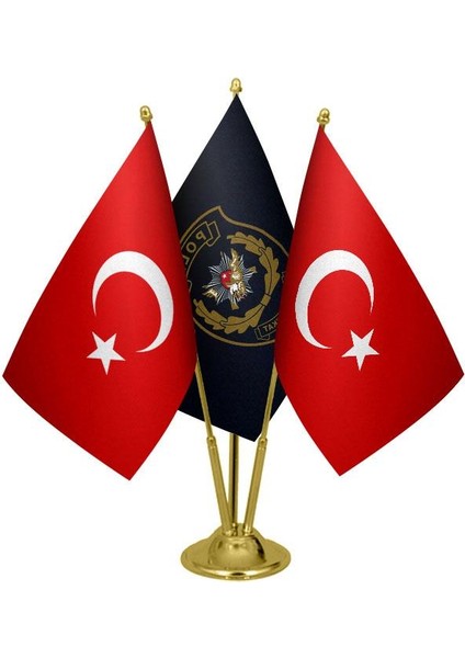 Masaüstü Polis Özel Harekat Bayrağı Türk Bayrağı Üçlü Pirinç Direk Masa Bayrak Seti