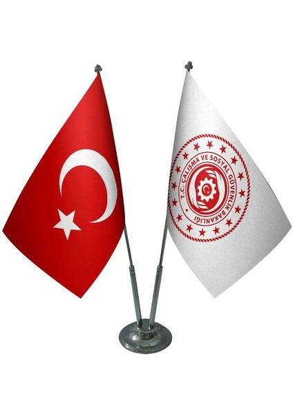 Masaüstü Çalışma Bakanlığı Bayrağı Türk Bayrağı İkili Krom Direk Masa Bayrak Seti
