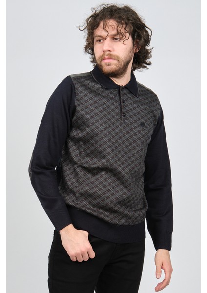 Erkek Desenli Dirsek Detaylı Polo Yaka Kazak 1577423 Lacivert