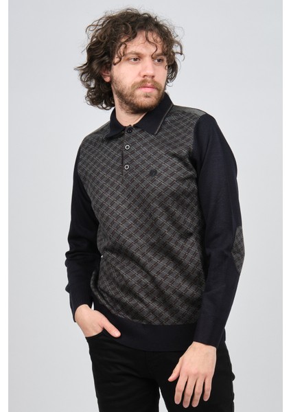 Erkek Desenli Dirsek Detaylı Polo Yaka Kazak 1577423 Lacivert modelleri