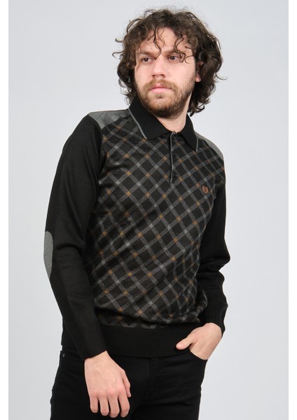 Erkek Desenli Dirsek Detaylı Polo Yaka Kazak 1577429 Füme