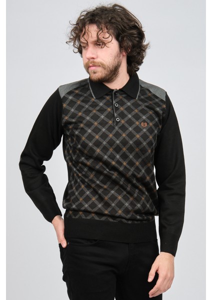 Erkek Desenli Dirsek Detaylı Polo Yaka Kazak 1577429 Füme modelleri