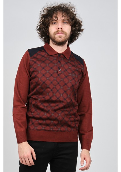 Erkek Desenli Dirsek Detaylı Polo Yaka Kazak 1577429 Bordo modelleri