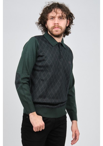 Erkek Çizgili Dirsek Detaylı Polo Yaka Kazak 1577405 Yeşil