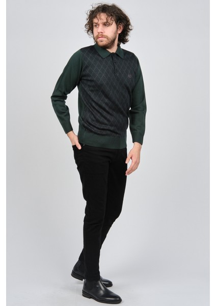 Erkek Çizgili Dirsek Detaylı Polo Yaka Kazak 1577405 Yeşil fiyatları