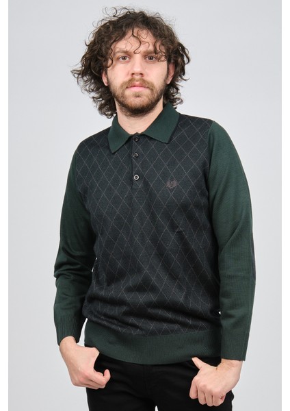 Erkek Çizgili Dirsek Detaylı Polo Yaka Kazak 1577405 Yeşil modelleri