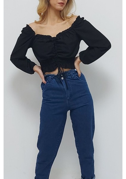 V Yaka Gipeli Crop Bluz Siyah