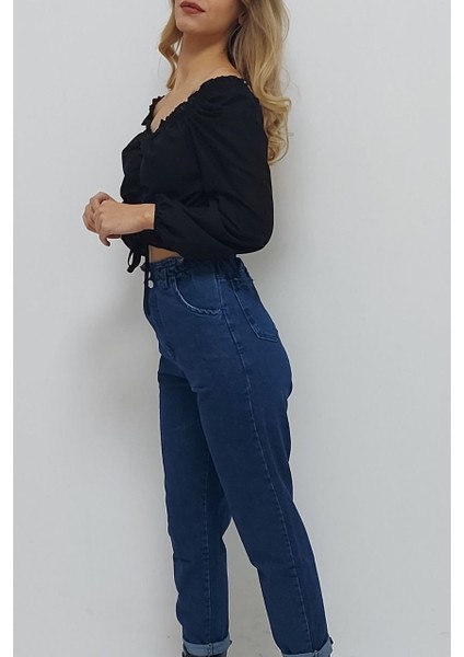 V Yaka Gipeli Crop Bluz Siyah