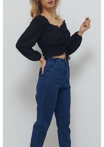 V Yaka Gipeli Crop Bluz Siyah