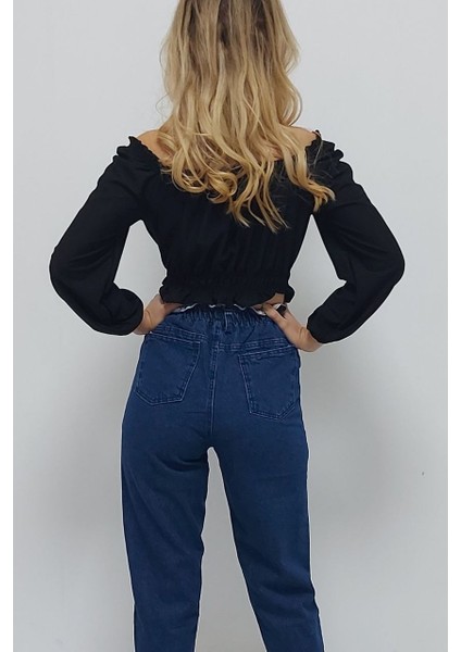 V Yaka Gipeli Crop Bluz Siyah