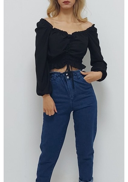 V Yaka Gipeli Crop Bluz Siyah