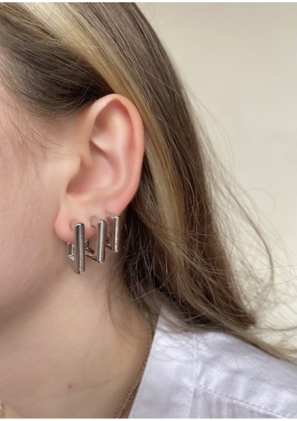 Kadın Gümüş Renk 3'lü Kare Küpe Seti