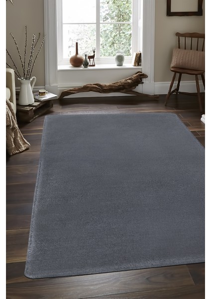 Dijidekor Koyu Gri Post Dokuma Halı Peluş Yumuşacık Kaymaz Antibakteriyel 160X450