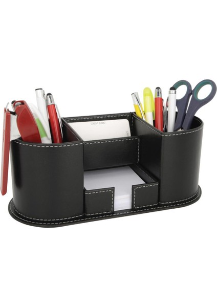 Siyah Suni Deri Ofis Masaüstü Kalemlik ve Notluk